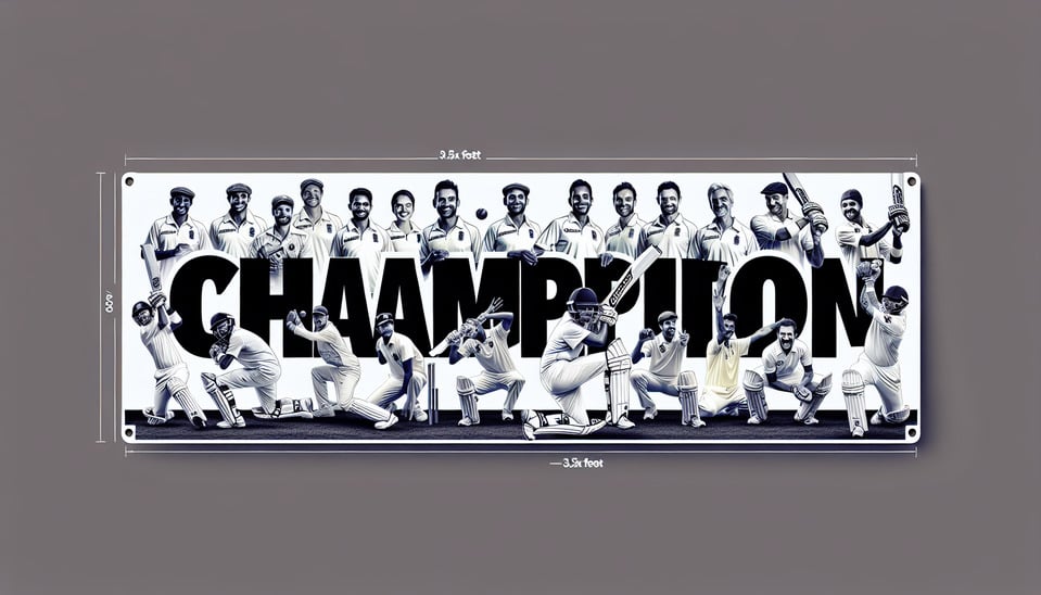I want to create a banner for champion cricket team so that champion team stand behind it for photo. Banner should be 3.5X10 feet and Chanpion should be written on it and above champion batsman and bowler images are spread along center to end of bannerposter text effect image