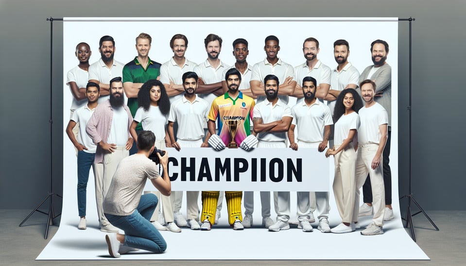 I want to create a banner for champion cricket team so that champion team stand behind it for photo. Banner should be 3.5X10 feet and Chanpion should be written on it.poster text effect image