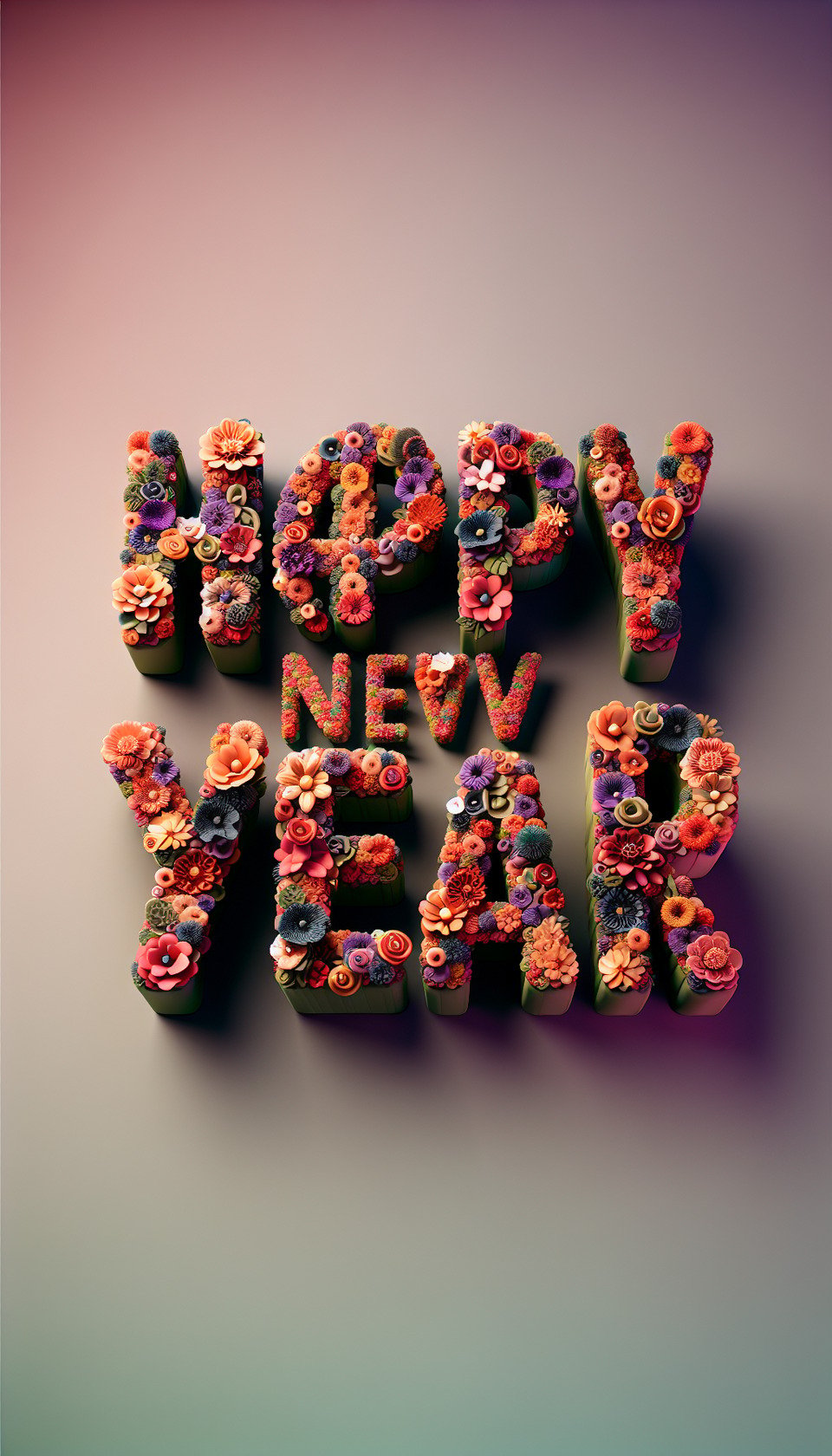 textHappy New Year three-dimensionalmade of flowergorgeouswith a light gradient background.typography text effect image