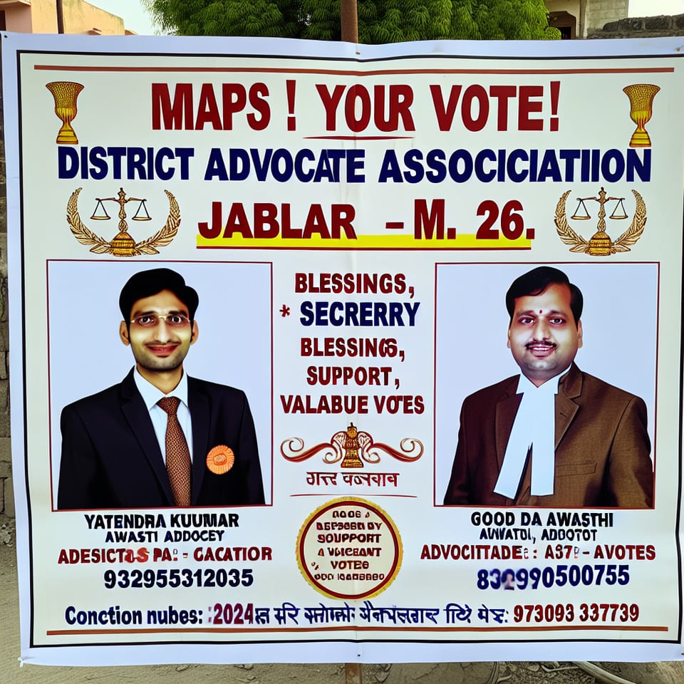 जिला अधिवक्ता संघजबलपुर (म.प्र.),चुनाव सत्र 2024 - 26,सचिव पद हेतु ,आपके स्नेह आर्शीवाद,समर्थन व अमूल्य मत,एवं सहयोग प्रदान कर विजय बनाएं,यतेन्द्र कुमार अवस्थी (अधिवक्ता),गुड् डा अवस्थी,मो.नं. 93295320358770033799 text effect image