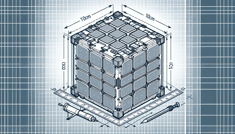1U cube satellite (10cmx10cmx10cm) line drawing text effect image