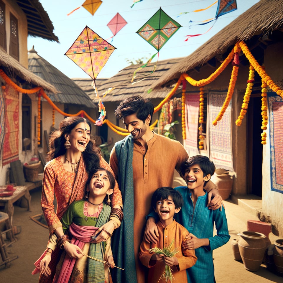 A cute Indian Village Family with a boy and a girl child celebrating Makarsankranti text effect image