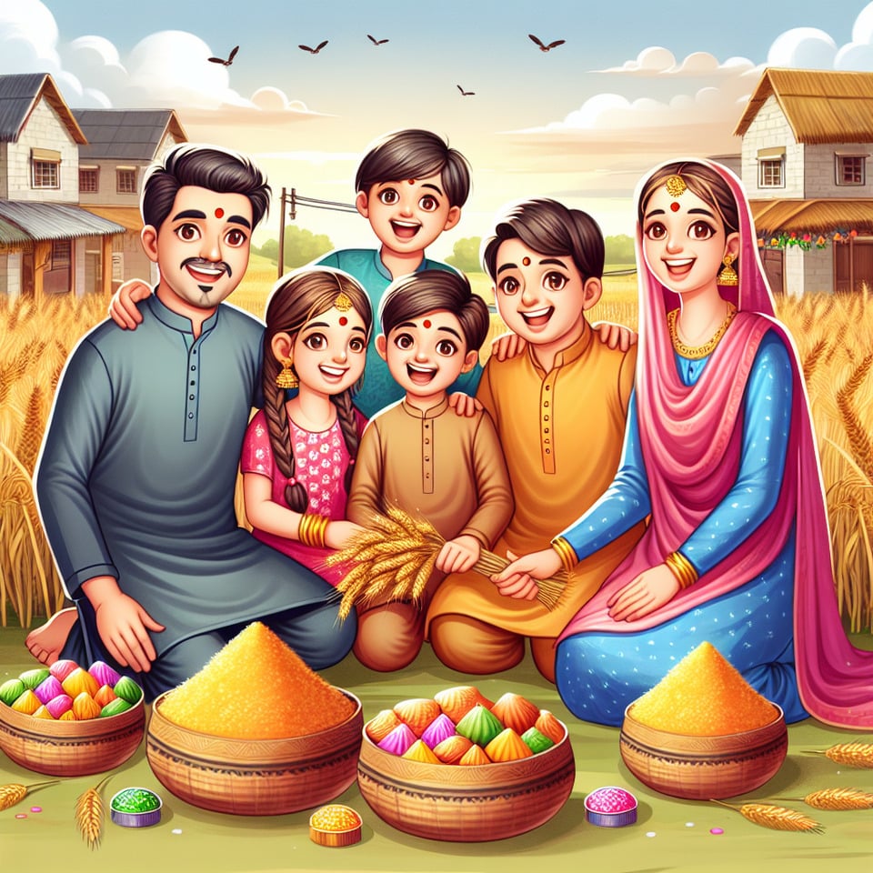 A cute Indian Village Family with a boy and a girl child celebrating Makarsankrantiin the field with the traditional sweets. text effect image