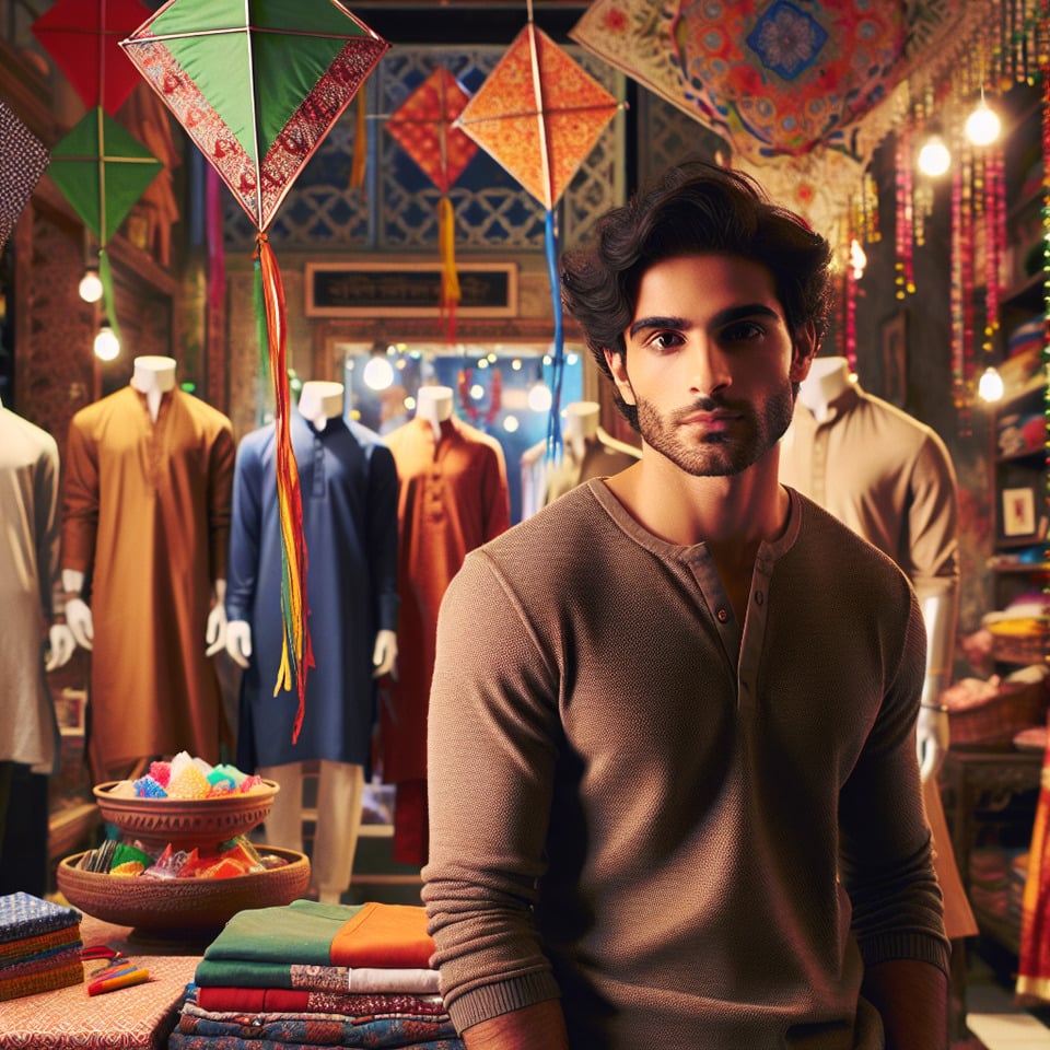 CREATE A REALISTIC IMAGE OF A YOUNG HANDSOME MODEL STANDING IN A CLOTHING STORE AND PROMOTING MAKAR SANKRANTI FESTIVALcinematic text effect image