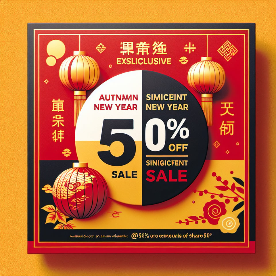 1 ảnh vuôngnền đỏ hoặc vàngkhông khí Tết:,HOT: Ưu dãi sale sốc 50% hàng thu đôngdành riêng cho những ai share bài viết này! ,#sale50 text effect image