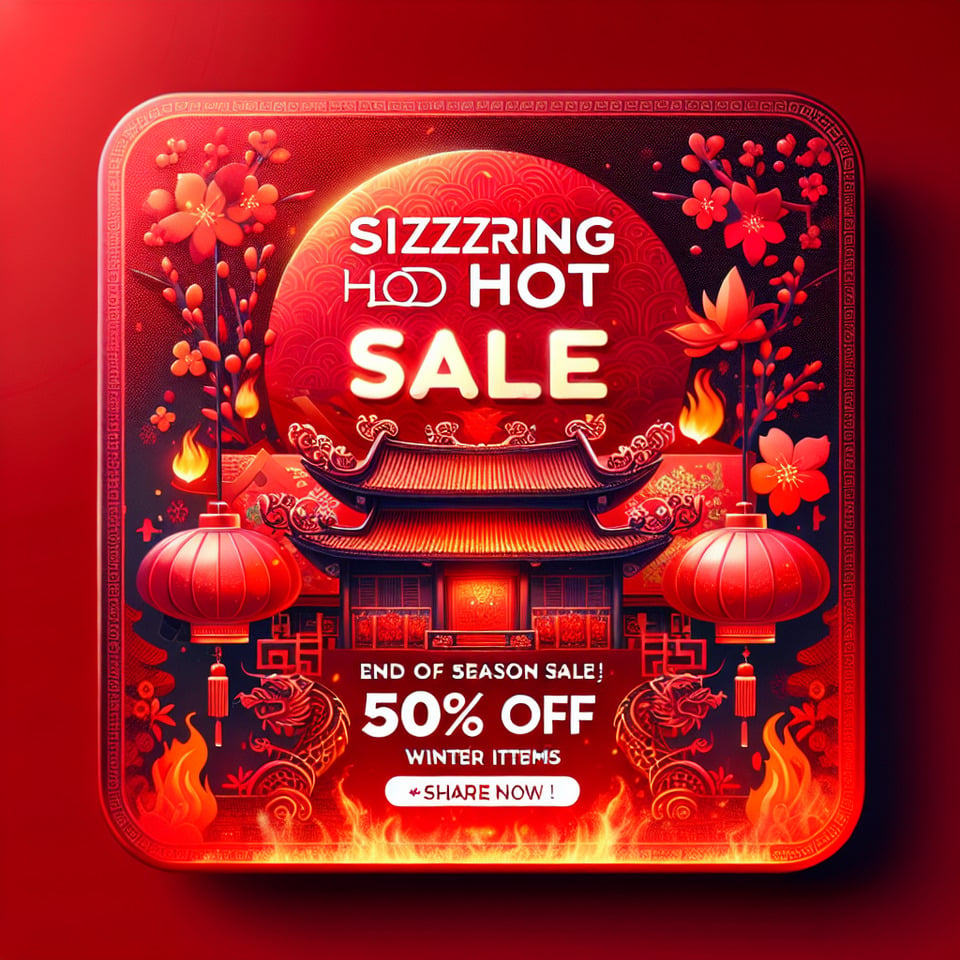 1 ảnh vuôngnền đỏ không khí Tết: HOT: Ưu dãi sale sốc 50% hàng thu đôngdành riêng cho những ai share bài viết này!  #sale50 text effect image