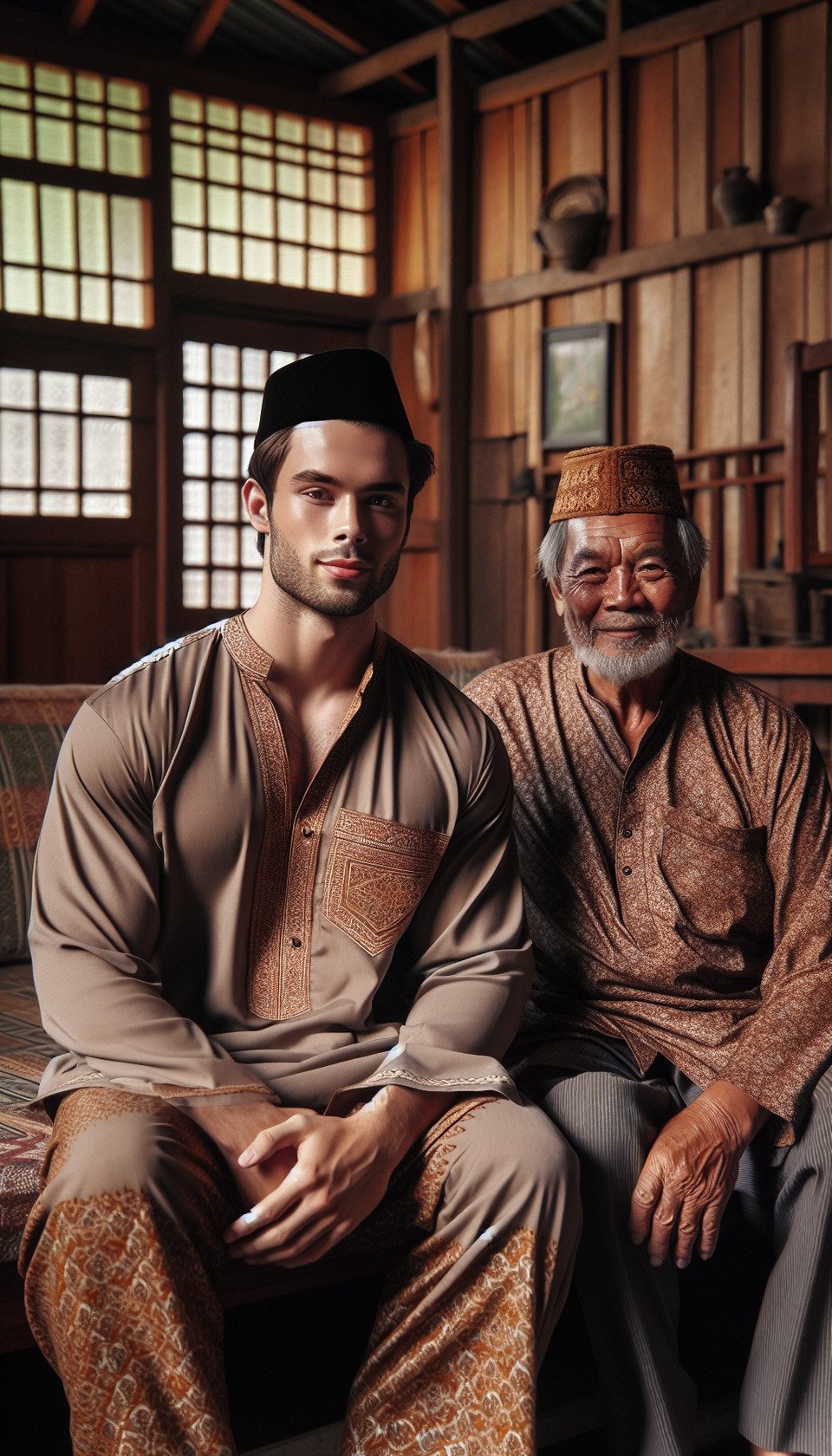 26 year old man wearing Muslim clothes and wearing a peci with a stocky body. 63 year old grandfather wearing batik and cap. with the background of a teak wood village house. Sitting in the living room text effect image
