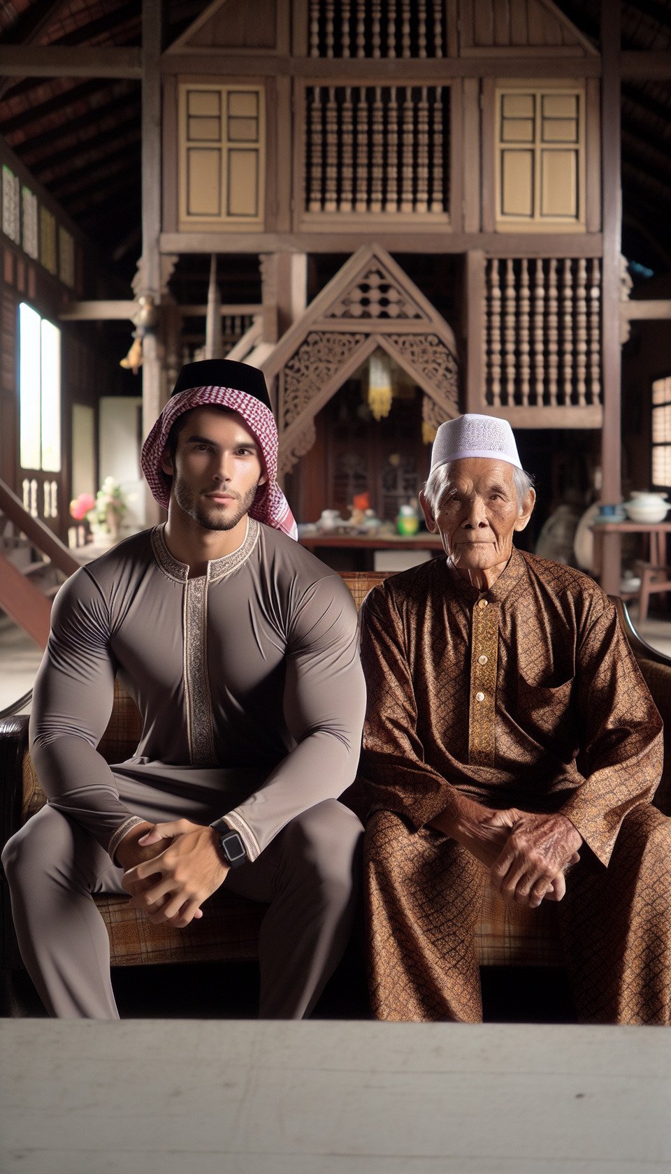 26 year old man wearing Muslim clothes and wearing a peci with a stocky body. 63 year old grandfather wearing batik and cap. with the background of a teak wood village house. Sitting in the living room text effect image