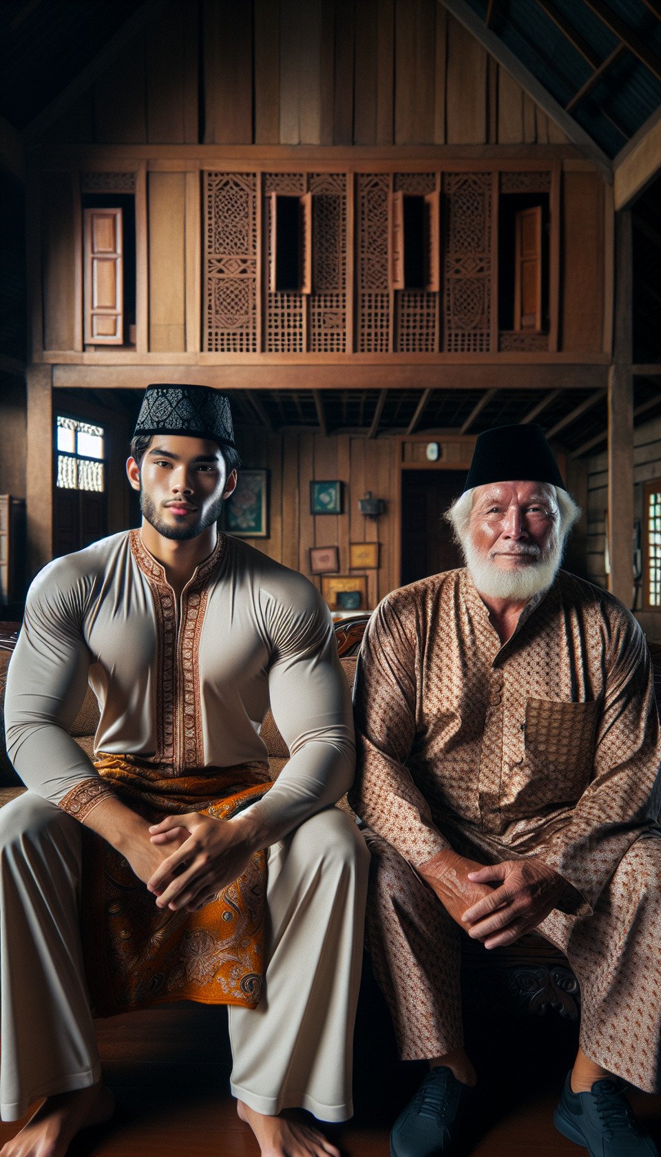 26 year old man wearing Muslim clothes and wearing a peci with a stocky body. 63 year old grandfather wearing batik and cap. with the background of a teak wood village house. Sitting in the living room text effect image