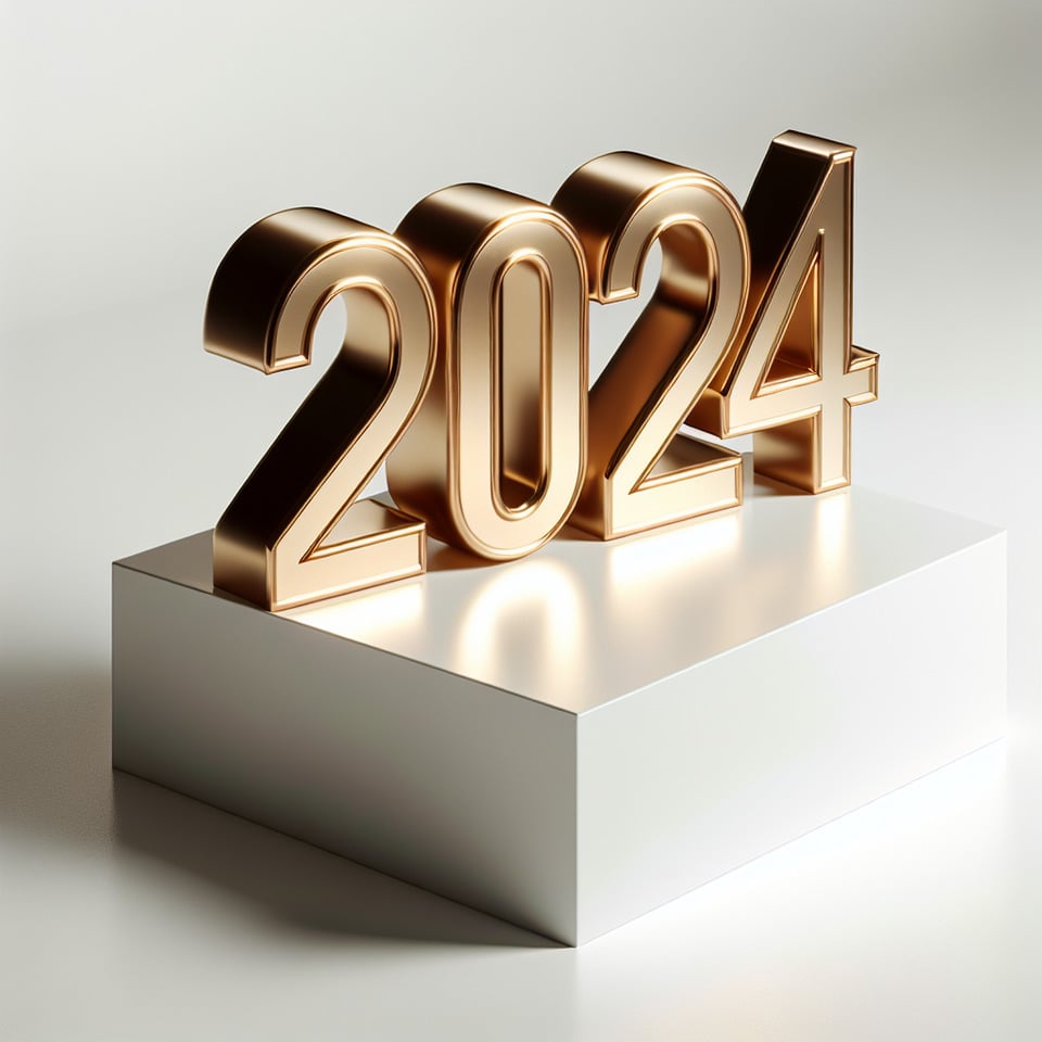 3d text 2024 new year render lettering gold with podium on white background text effect image
