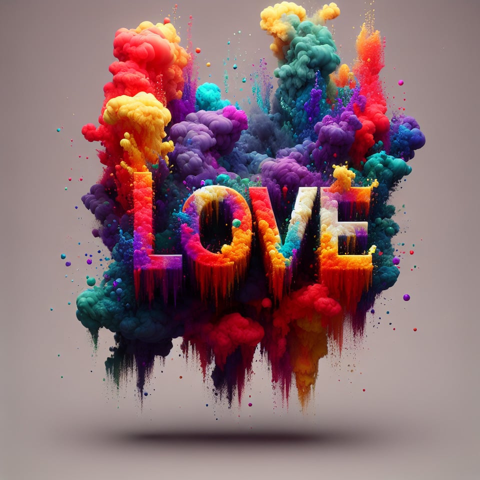 Text love colorful splash 3d text and smoky backgroundportrait photography text effect image