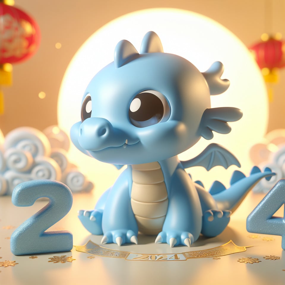 2024年 新年快樂+龍寶寶圖(萌萌大眼+藍色的)3d render text effect image