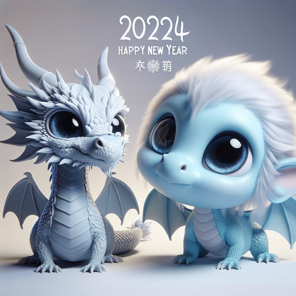 2024年新年快樂要完整+龍寶寶圖(萌萌大眼+藍色的)+另一隻龍3d render text effect image