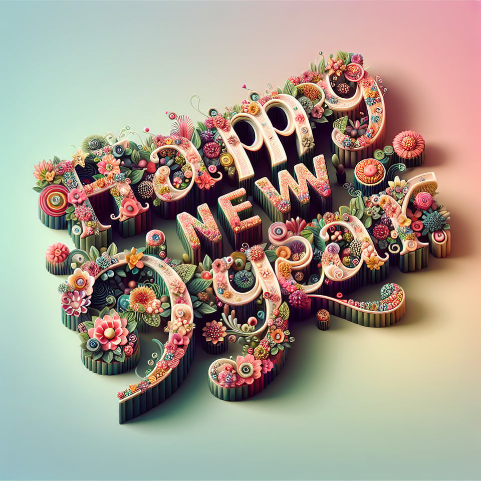 textHappy New Year three-dimensionalmade of flowergorgeouswith a light gradient background.phototypography text effect image