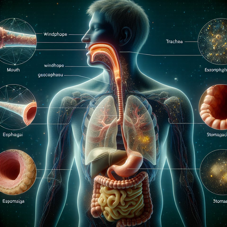 Animation of human body anatomy medicine reaction inside organs. A substance travels down the trachea to the stomach and heals the body. text effect image