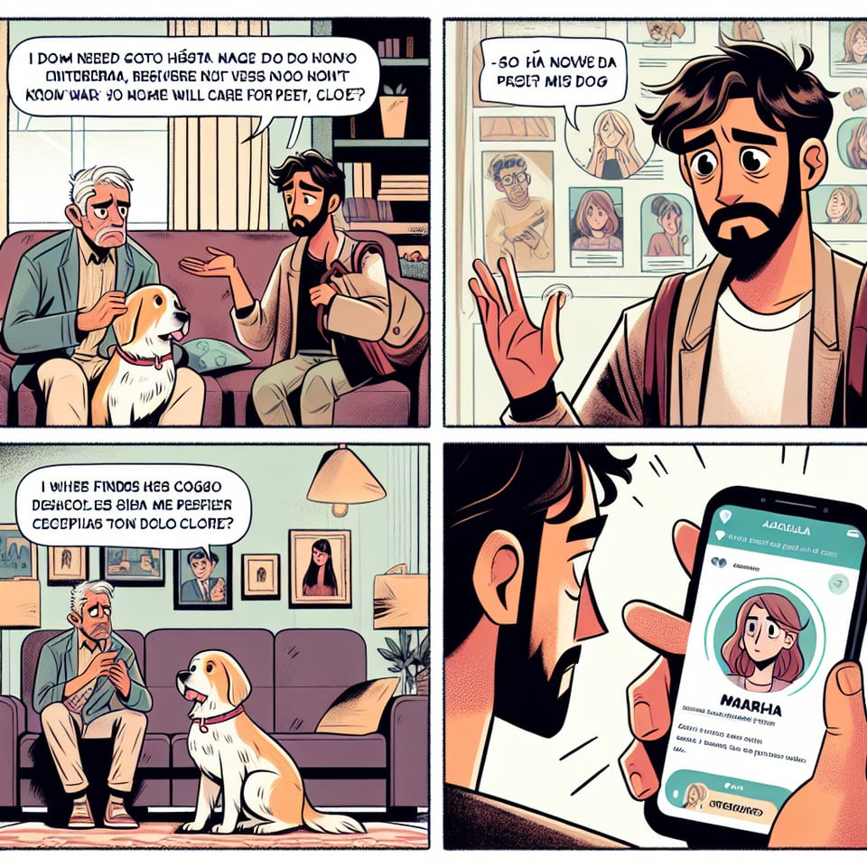 Cuadrante 1: Agustín está preocupado porque tiene un viaje de trabajo y no sabe con quién dejar a su perra Cloe.,,Cuadrante 2: Agustín descubre una aplicación para encontrar cuidadores de mascotas. Empieza a buscar una niñera para Cloe.,,Cuadrante 3: Recibe varias respuestas de posibles cuidadorespero ninguna le convence del todo.,,Cuadrante 4: Finalmenteencuentra a Maríauna joven amante de los perrosdispuesta a cuidar a Cloe mientras él está fuera.,,Cuadrante 5: Agustín y María se reúnen para que él pueda conocerla y asegurarse de que Cloe estará en buenas manos.,,Cuadrante 6: Agustín se despide de Cloe con tranquilidadsabiendo que estará en buenas manos con María mientras él está fuera.,,la historieta tiene que estar en español text effect image