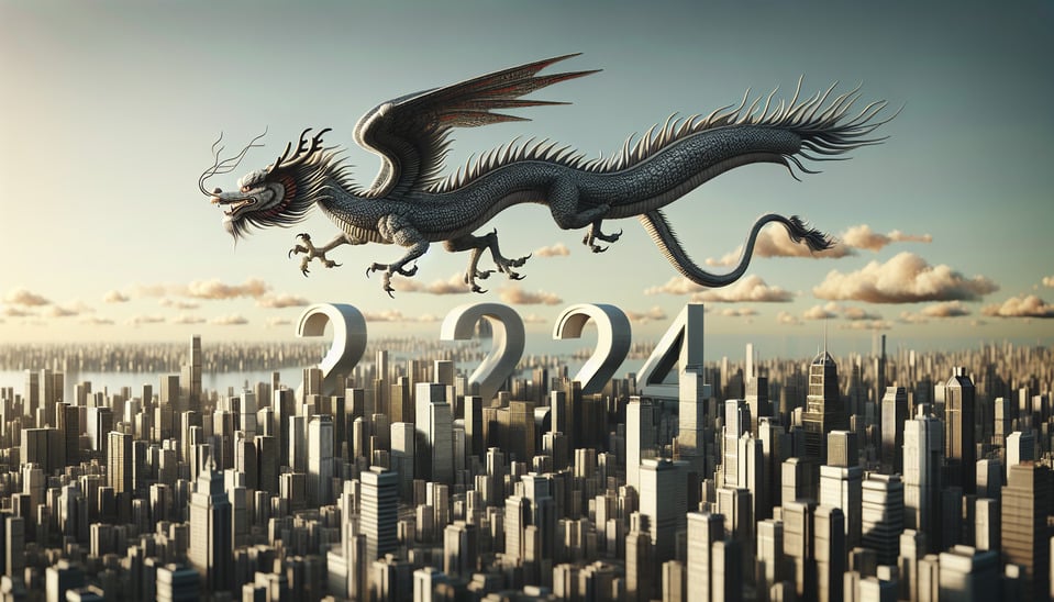 2024 Chinese dragon flying in the skyoverlooking city buildings3d rendercinematictypographyillustrationphoto text effect image