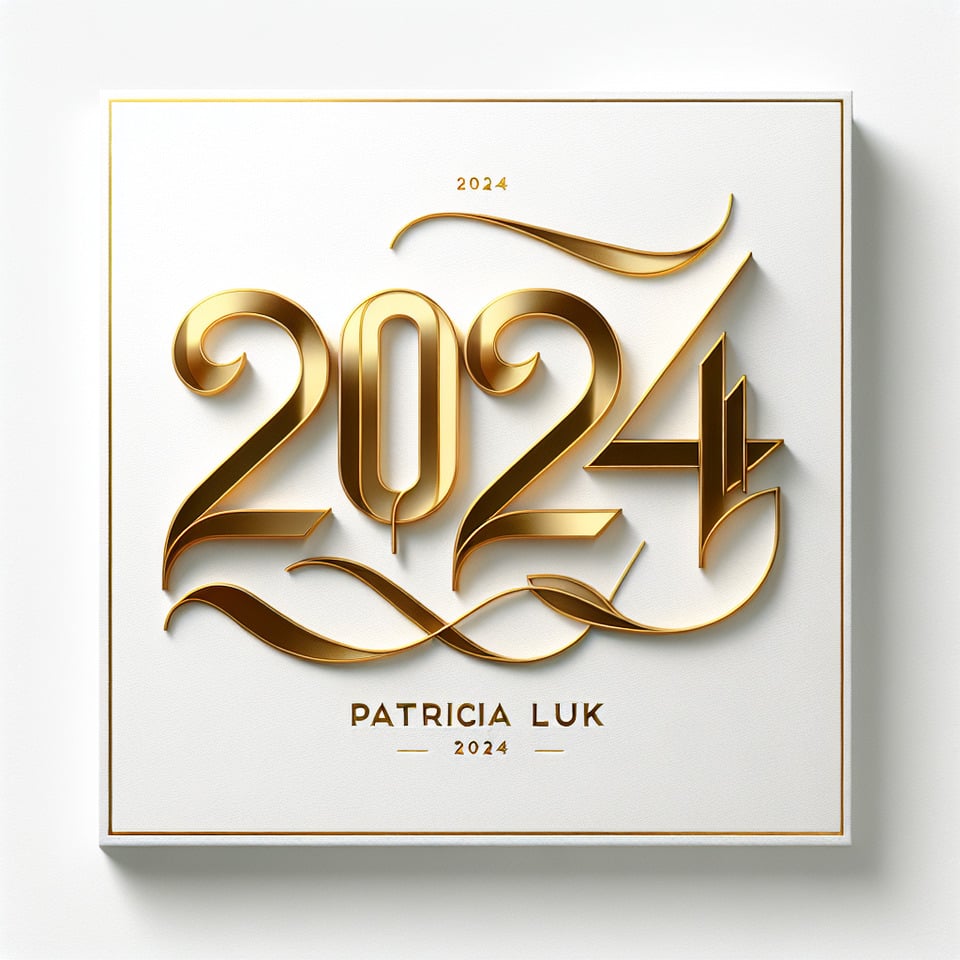 text 2024 Patricia Luk lettering in luxury gold color on white background text effect image