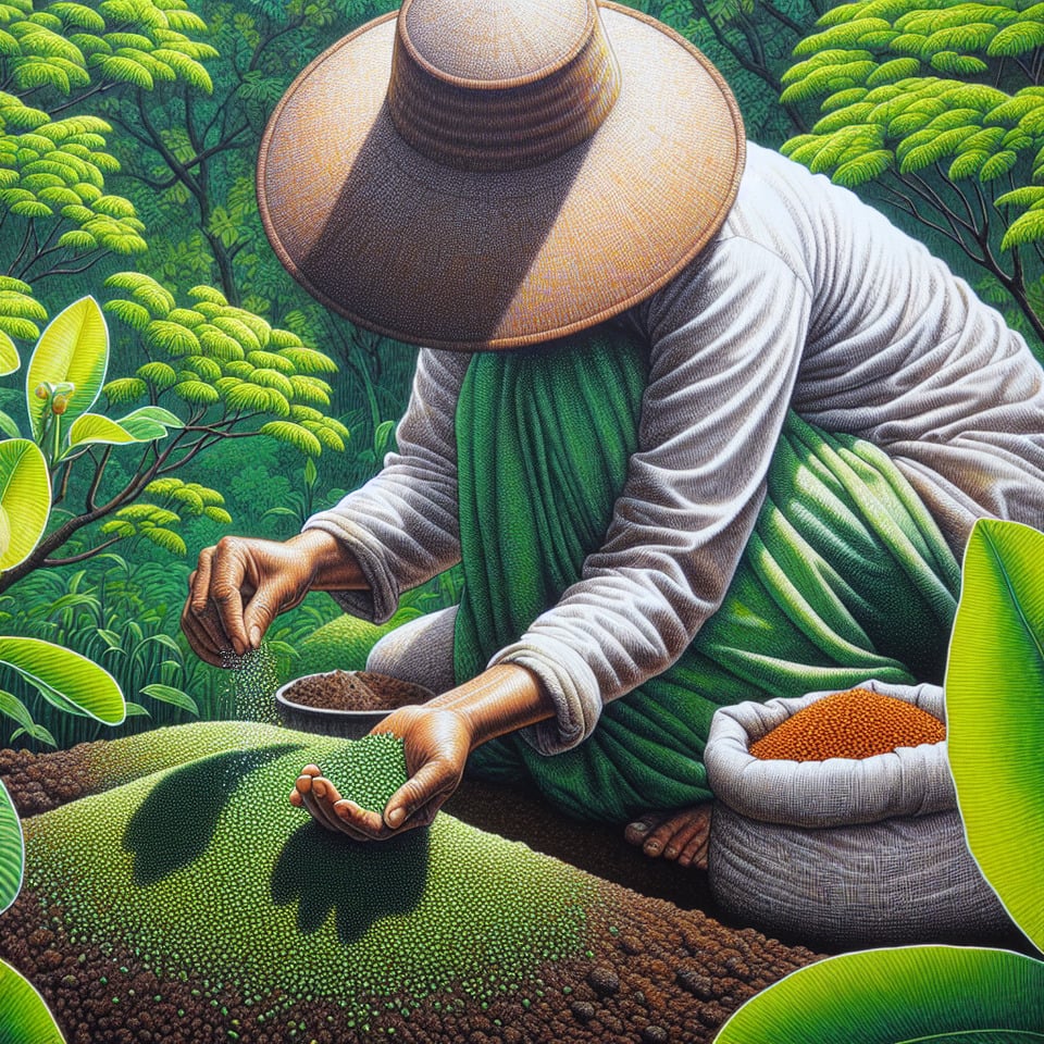 A graphic of a person applying fertilizer to seeds text effect image