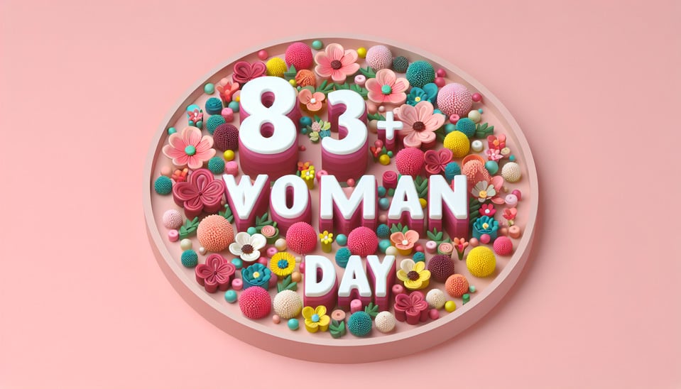 text 8/3 Woman day written on the backgroundsmall colorful touches of 3D paint and with colorful flowers and pink text effect image