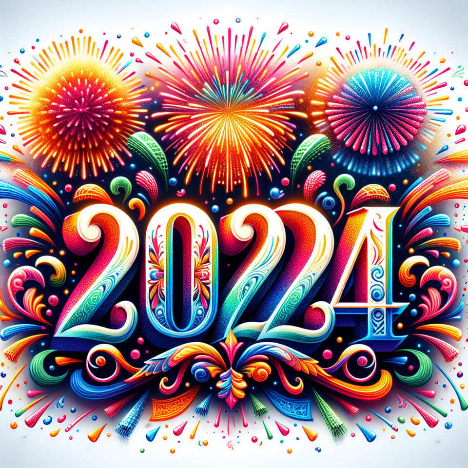 Happy new year text 2024 lettering with fireworks on white background text effect image
