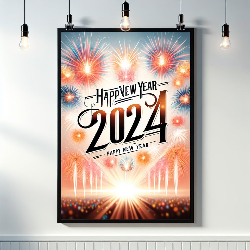 Happy new year text 2024 lettering with fireworks on white background text effect image