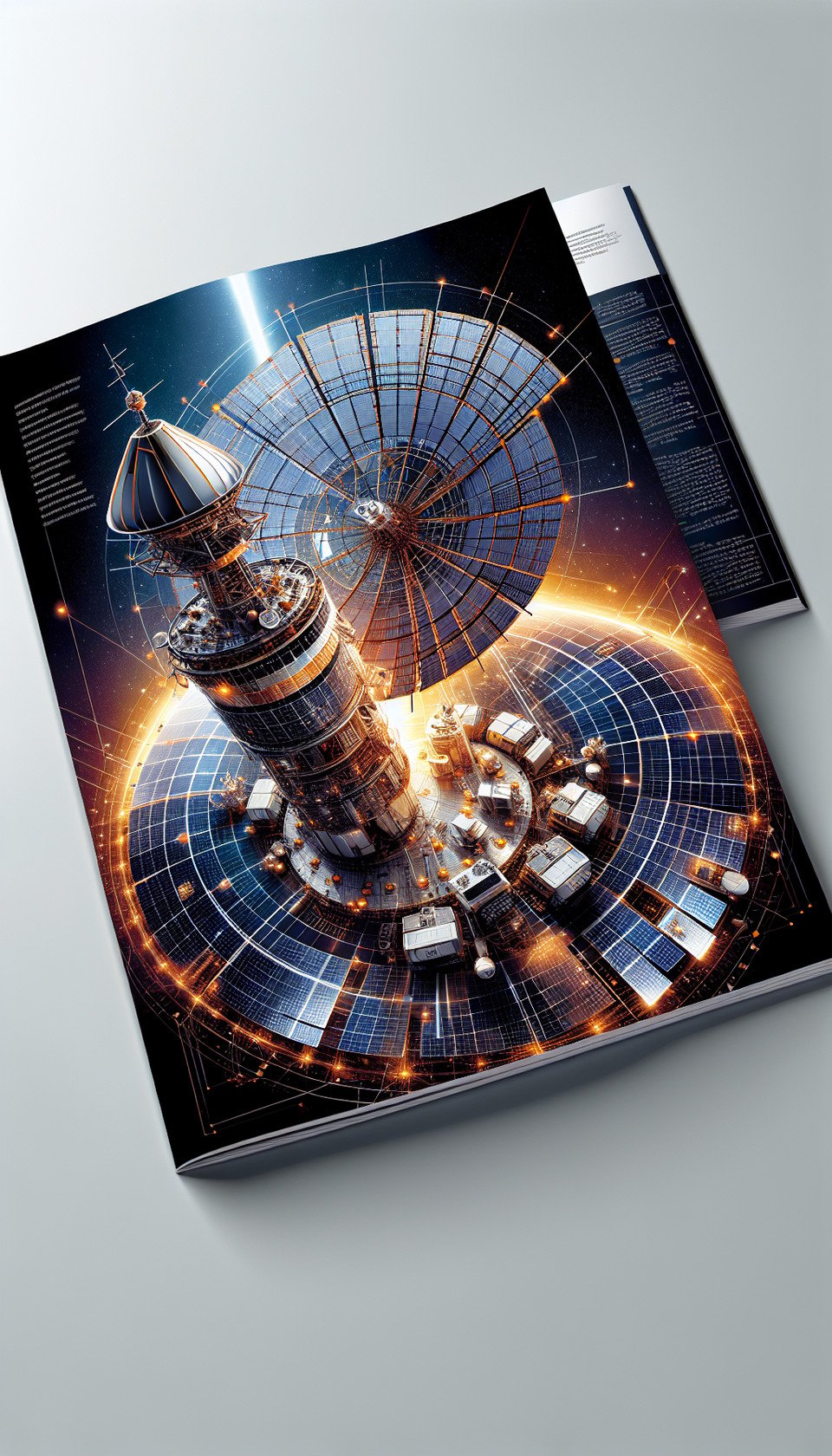 Create A4 Full Page Brochure with shiny cover page with shiny Satellite Antenna and Ground Control Station (No Text) text effect image