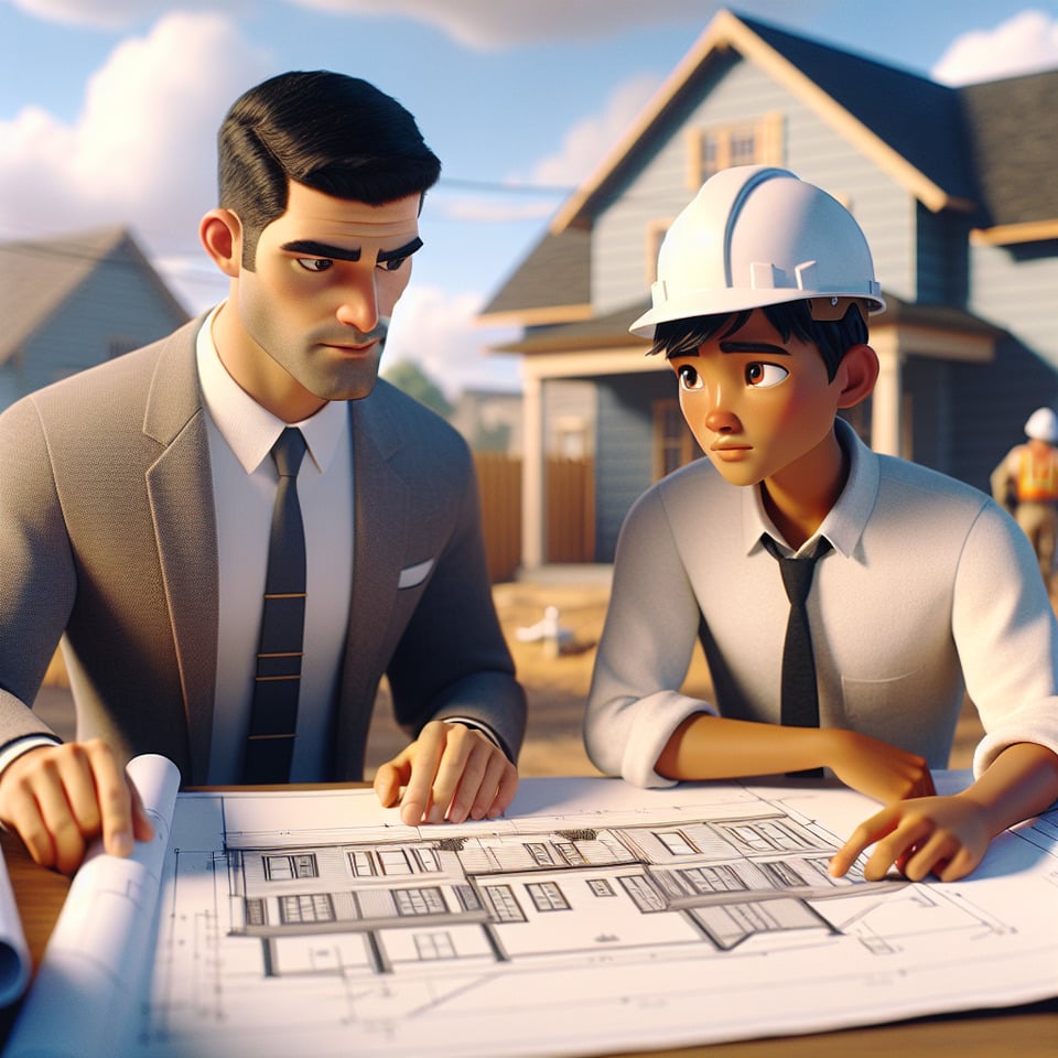 poster tipo pixar de dos arquitectos con casco viendo un plano de una casauno de ellos es moreno cabello corto y lacio y el otro es tes clara chino ojos color café de fondo hay una construcción. text effect image