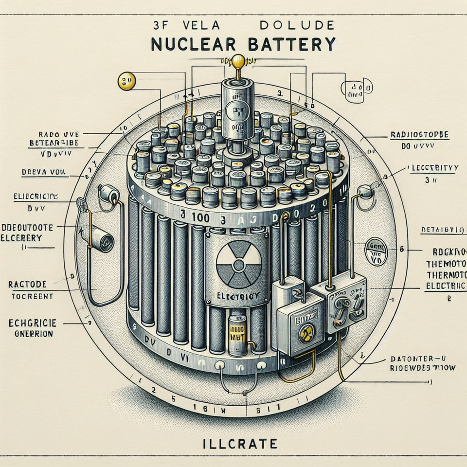 Draw a diagram in which a 3 volt nuclear battery is producing 100 microwatts of electricity. text effect image