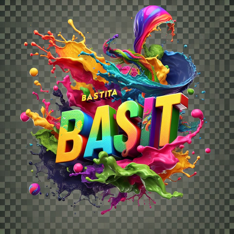 Text Basit Ali colorful splash 3d text and smoky transparent backgroundRealistic detailed view.,illustration3d renderposteranimevibrantwildlife photography text effect image