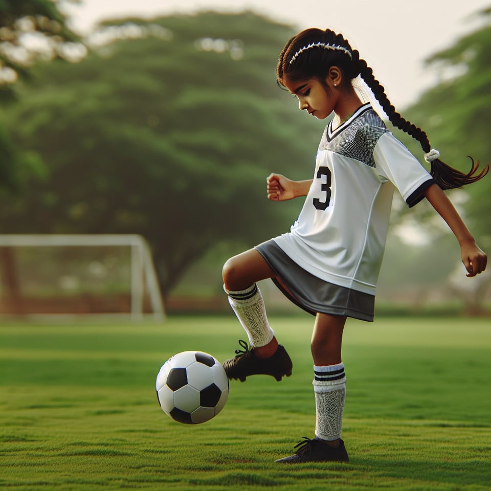 A  girl football player wearing jersey with number three and branding hair and stepping a ball in her leg in green fieldphoto text effect image