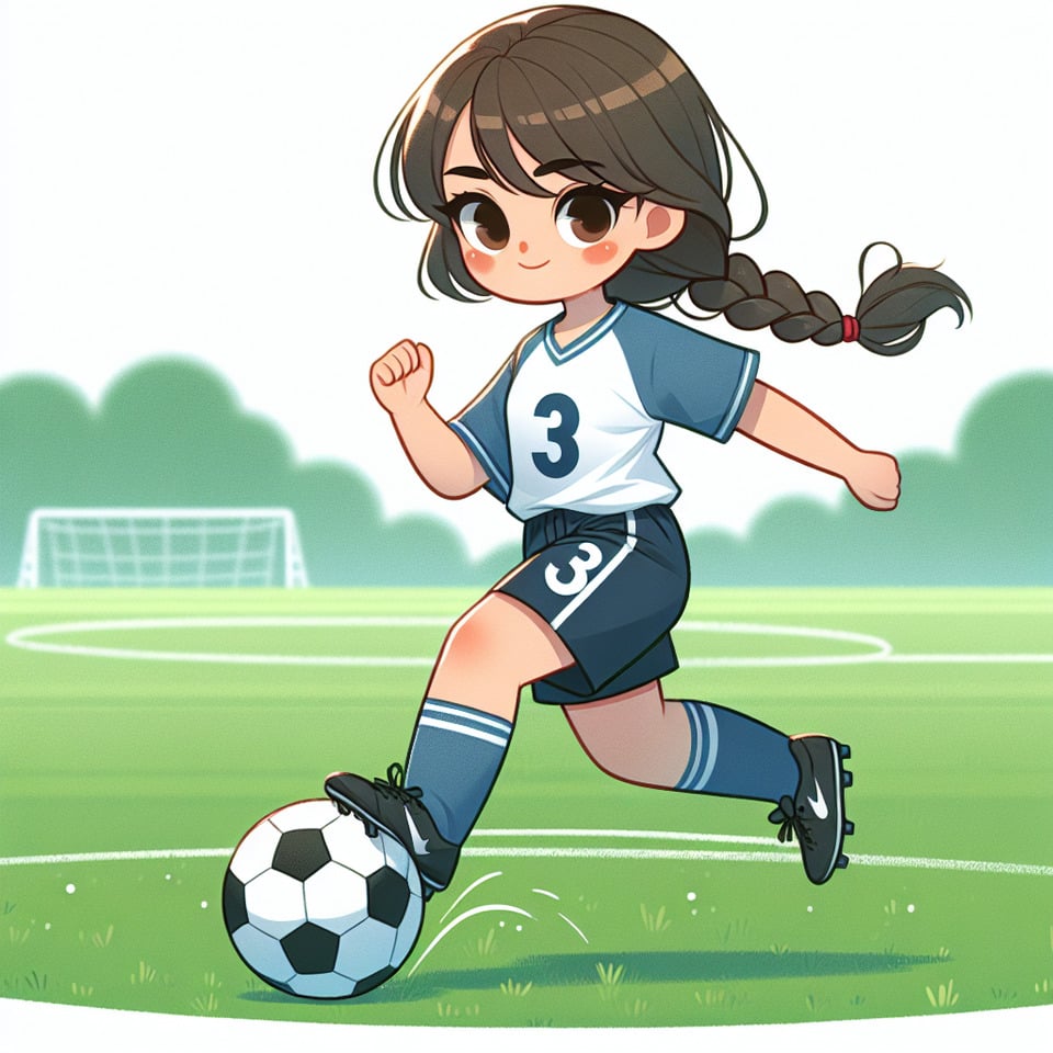 A girl football player wearing jersey with number three and branding hair and stepping a ball in her leg in green fieldphoto text effect image