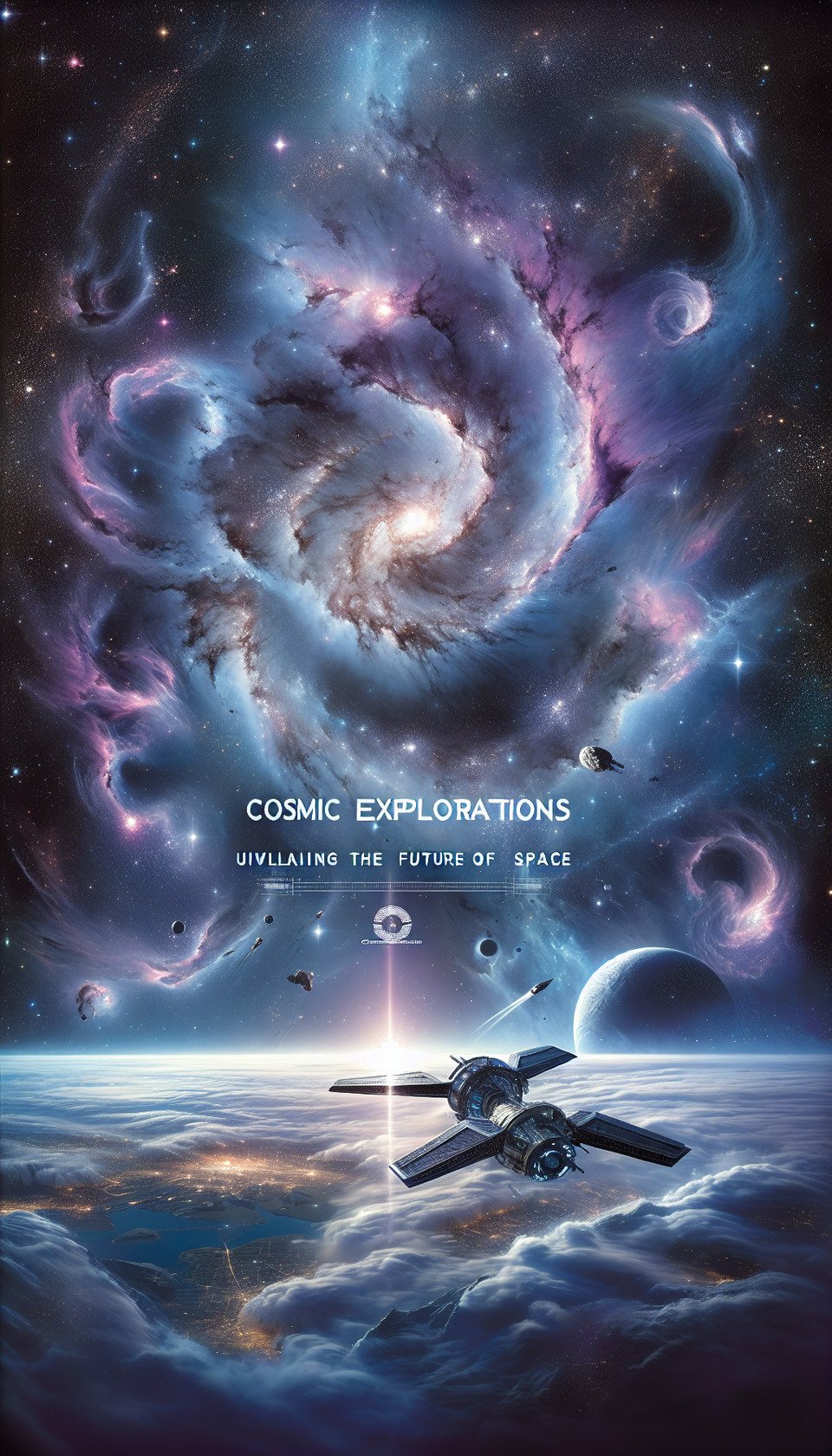Create A4 Full Page image for Cosmic Explorations: Unveiling the Future of Space text effect image