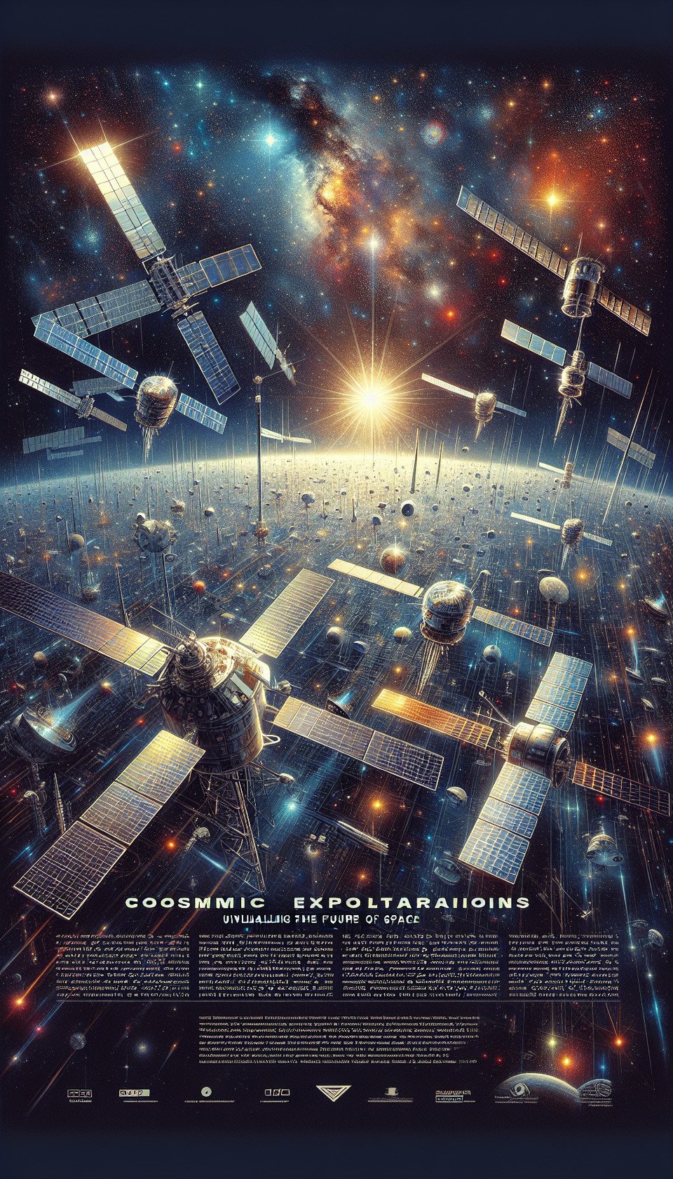 Create without text Full Page shiny image: Cosmic Explorations: Unveiling the Future of Space without human but with satellites in Low Earth Orbit text effect image