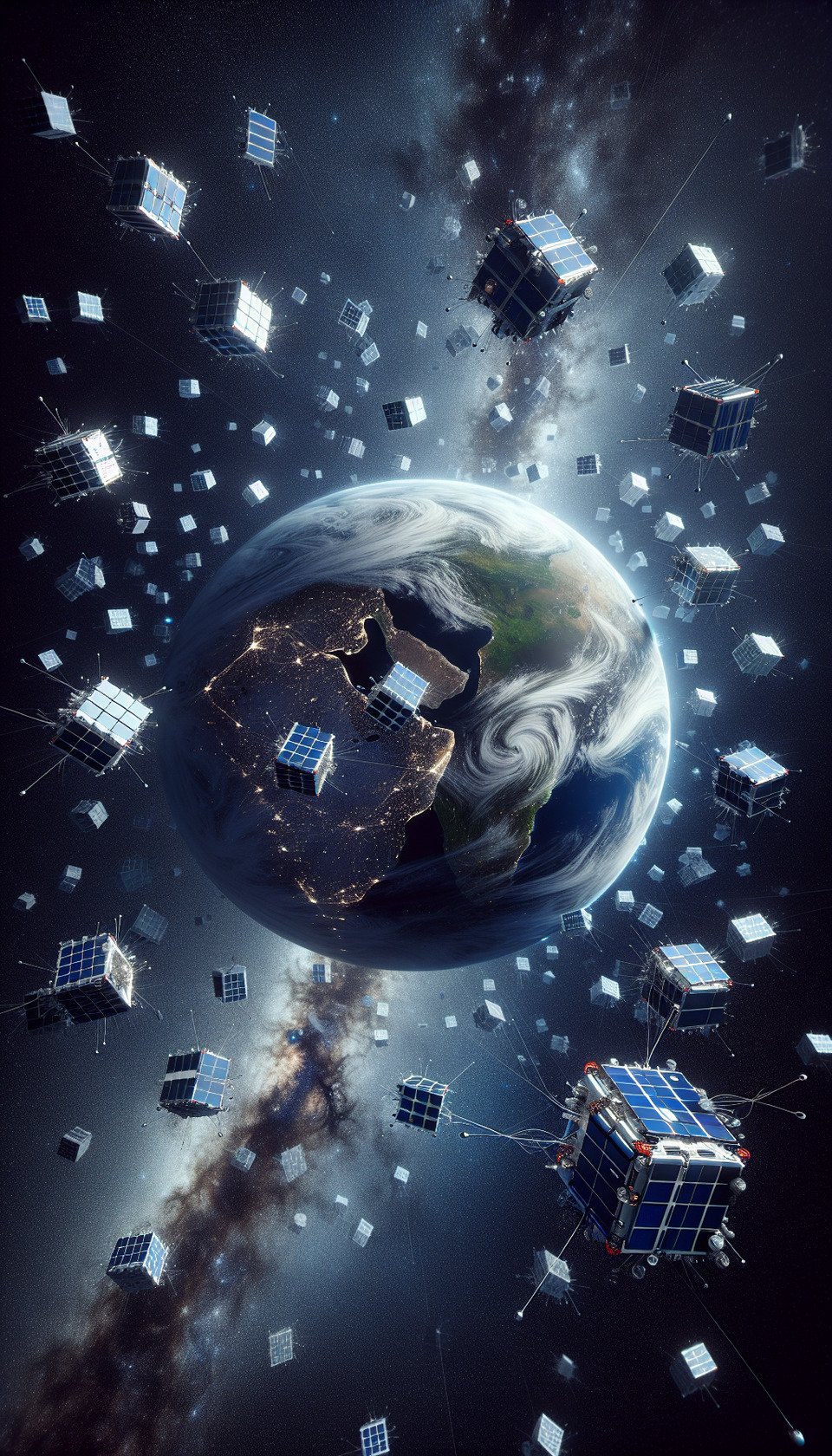 Create seminar flyer: Cosmic Explorations: Unveiling the Future of Space without humanwithout text and with cube satellites in Low Earth Orbit text effect image