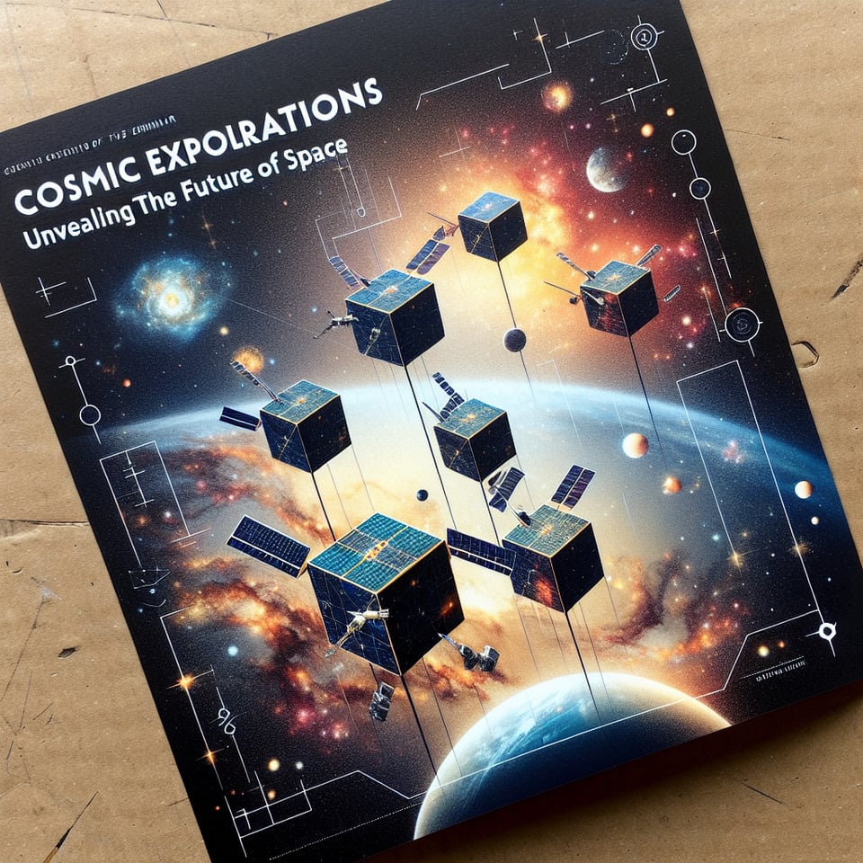 Create seminar flyer: Cosmic Explorations: Unveiling the Future of Space without humanwithout text and with cube satellites in Low Earth Orbit text effect image