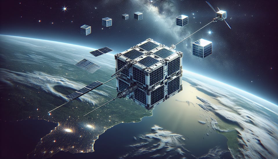 Create without text seminar flyer: Cosmic Explorations: Unveiling the Future of Space without humanwithout text and with cube satellites in Low Earth Orbit text effect image