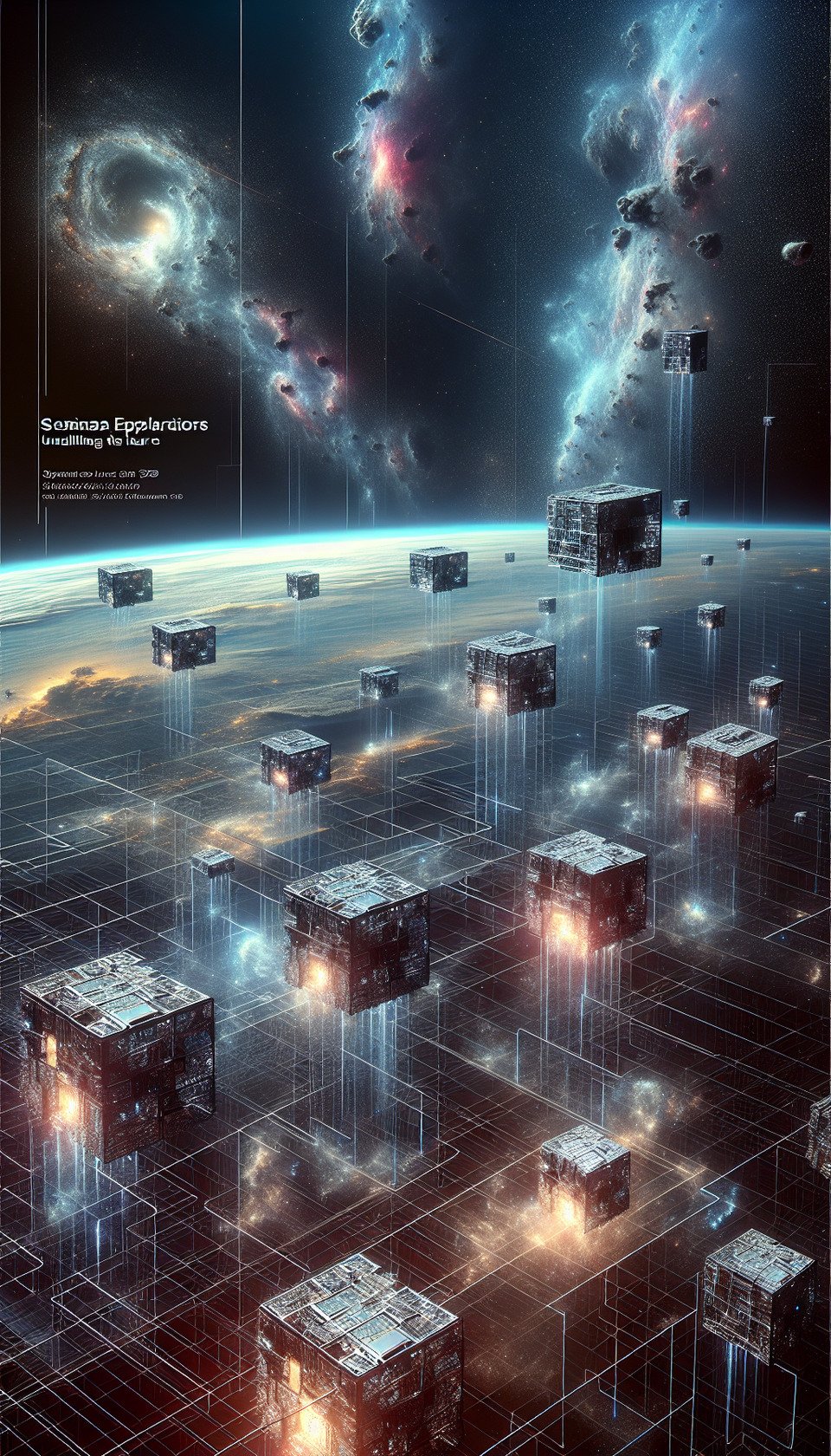 Create without text seminar flyer: Cosmic Explorations: Unveiling the Future of Space without humanwithout text and with cube satellites in Low Earth Orbitpostercinematic text effect image