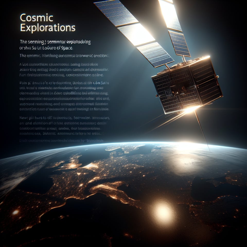 Create without text seminar dark flyer: Cosmic Explorations: Unveiling the Future of Space without humanwithout text and with a cube satellite in Low Earth Orbitpostercinematic3d renderillustrationphoto text effect image