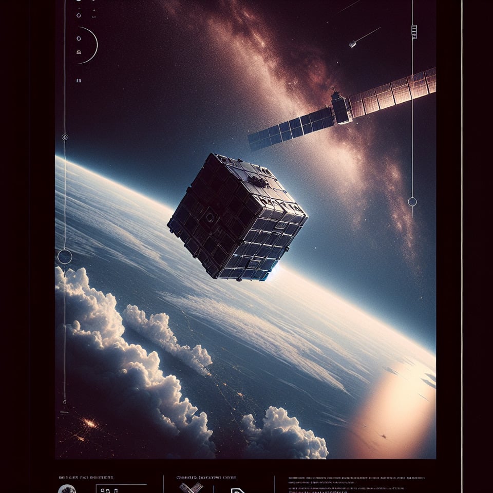 Create NO text seminar dark flyer: Cosmic Explorations: Unveiling the Future of Space without humanwithout text and with a cube satellite in Low Earth Orbitpostercinematic3d renderillustration text effect image