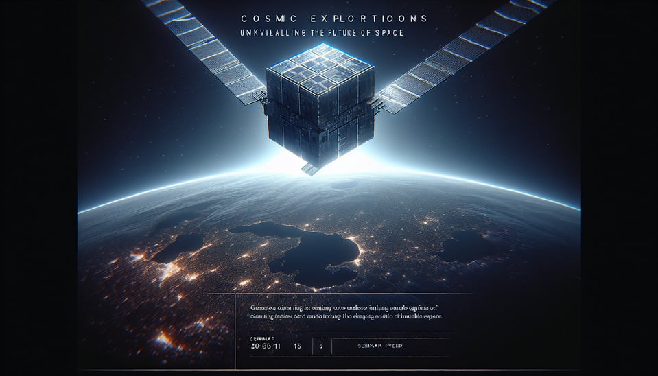 without text Create seminar dark flyer: Cosmic Explorations: Unveiling the Future of Space without textwithout humanand with a cube satellite in Low Earth Orbitpostercinematic3d renderillustration text effect image