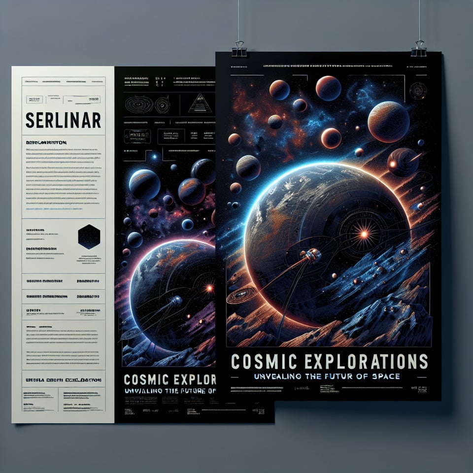 without text Create seminar dark flyer: Cosmic Explorations: Unveiling the Future of Space without humanand in Low Earth Orbitposterillustrationpainting3d rendervibrant text effect image