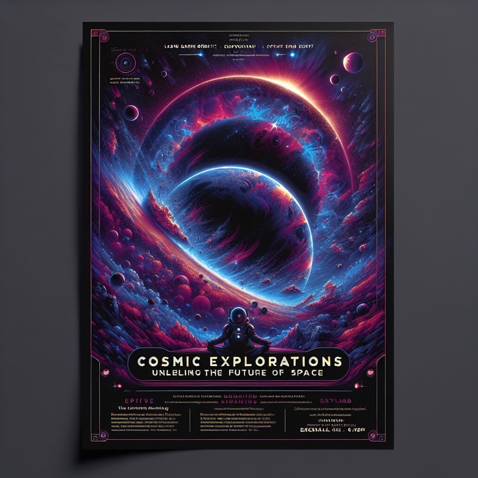 without text Create seminar dark flyer on theme Cosmic Explorations: Unveiling the Future of Space without human and in Low Earth Orbitposterpainting3d rendervibrantdark fantasy text effect image