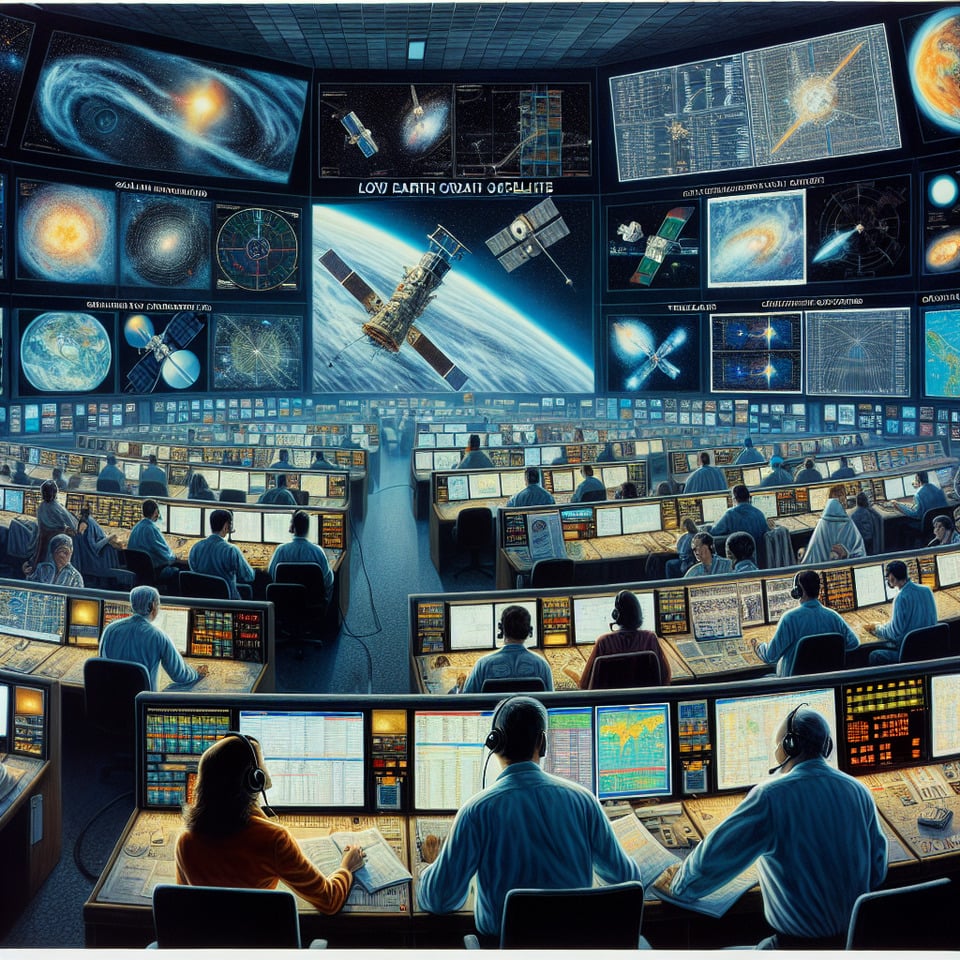 create image satellite Ground Control Station Operations to monitor low earth orbit satellites: NO TEXTposter text effect image
