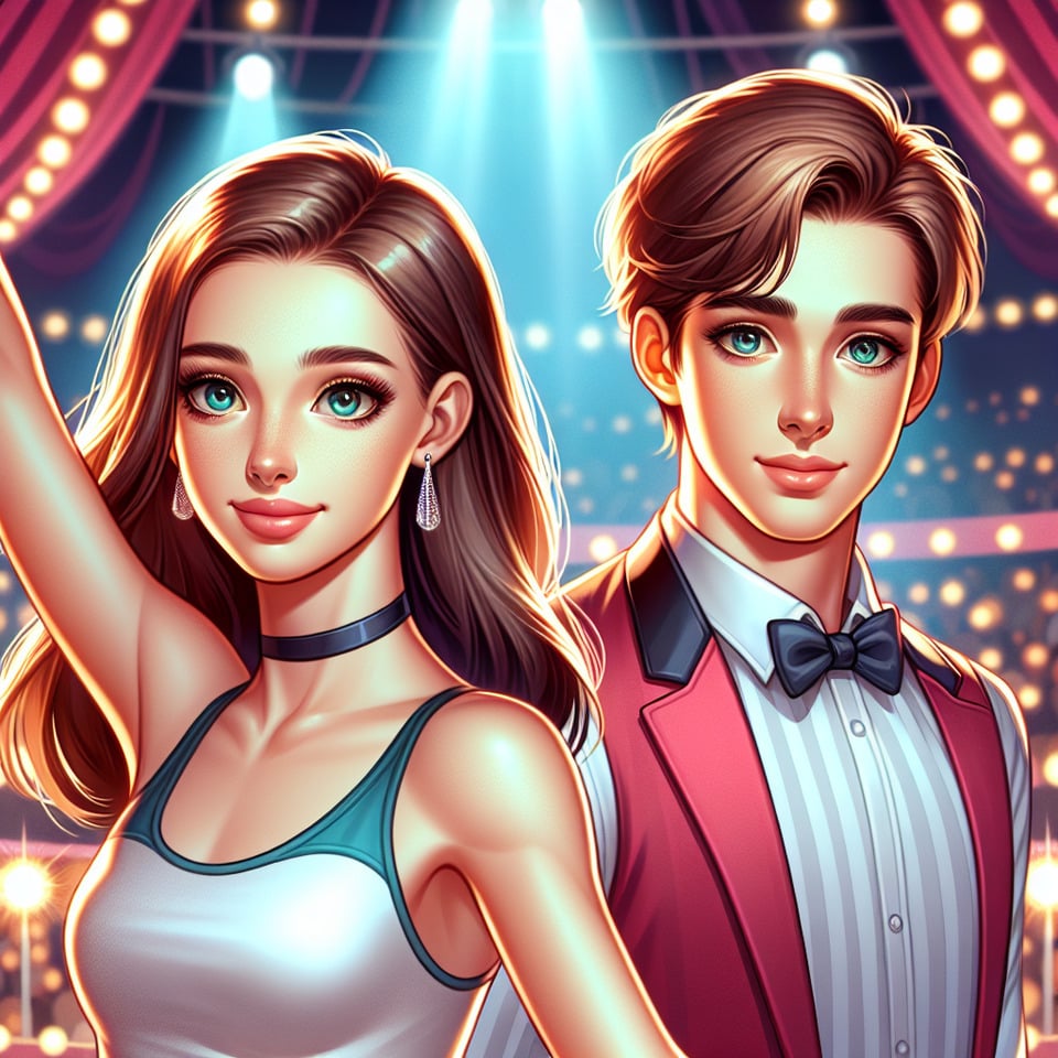 Pareja joven de acróbatas en el circo. Ella tiene el cabello y ojos marroneses blancadelgada y bonita. Él tiene el cabello castaño y los ojos grises. illustrationposter text effect image