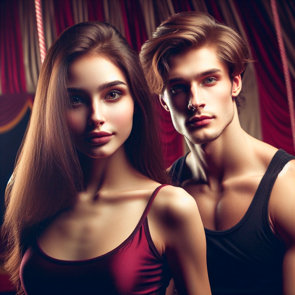 Pareja joven de acróbatas en el circo. Ella tiene el cabello largo marrón y ojos marroneses blancadelgada y bonita. Él tiene el cabello castaño y los ojos grises. Es muy atractivo. Sin barba. cinematicphotodark fantasyvibrant text effect image