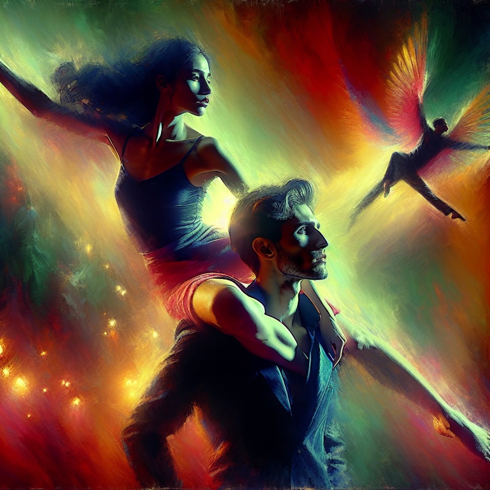 Pareja jovenhombre y mujeracróbatas en el circo. cinematicphotodark fantasyvibrantposterpaintingillustrationportrait photographyconceptual art text effect image