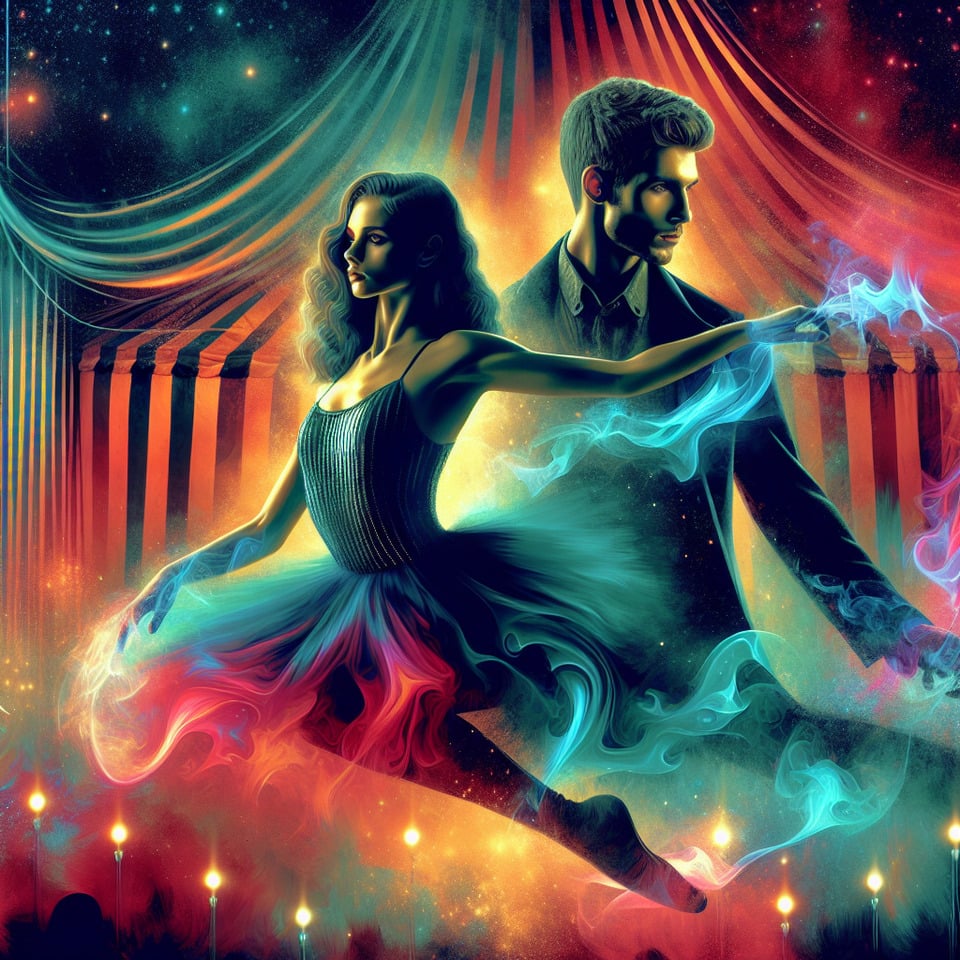 Pareja jovenhombre y mujeracróbatas en el circo. cinematicdark fantasyvibrantposterpaintingillustrationportrait photographyconceptual art text effect image
