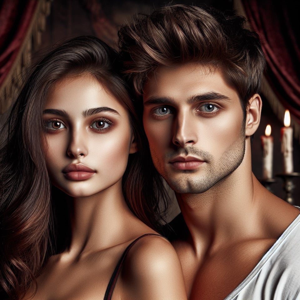 pareja jovenhombre y mujeracróbatas de circo. Ella tiene el cabello largo y marrón. Sus ojos son marroneses bonita y delgada. Él es guapode cabello castaño y ojos grises. Sin barba. Están enamorados. dark fantasy text effect image