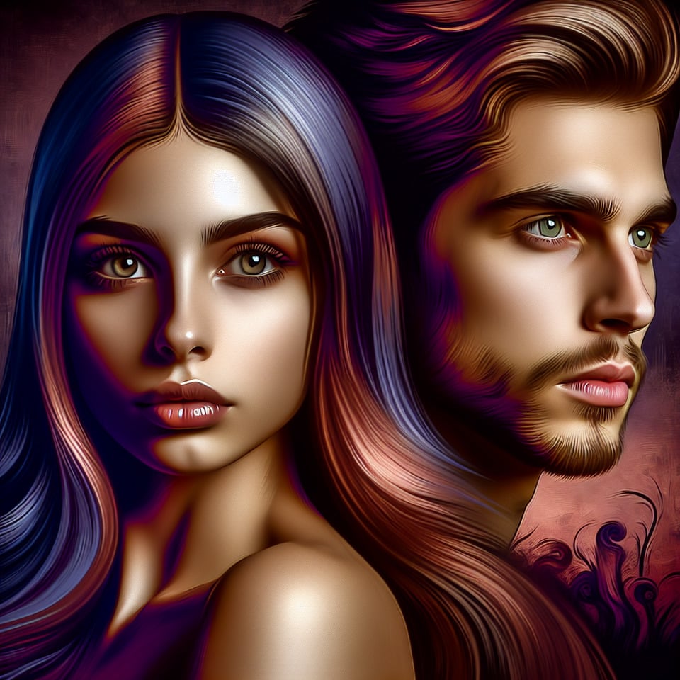 pareja jovenhombre y mujeracróbatas de circo. Ella tiene el cabello largo y marrón. Sus ojos son marroneses bonita y delgada. Él es guapode cabello castaño y ojos grises. Sin barba. Están enamorados. dark fantasypostervibrantconceptual art text effect image